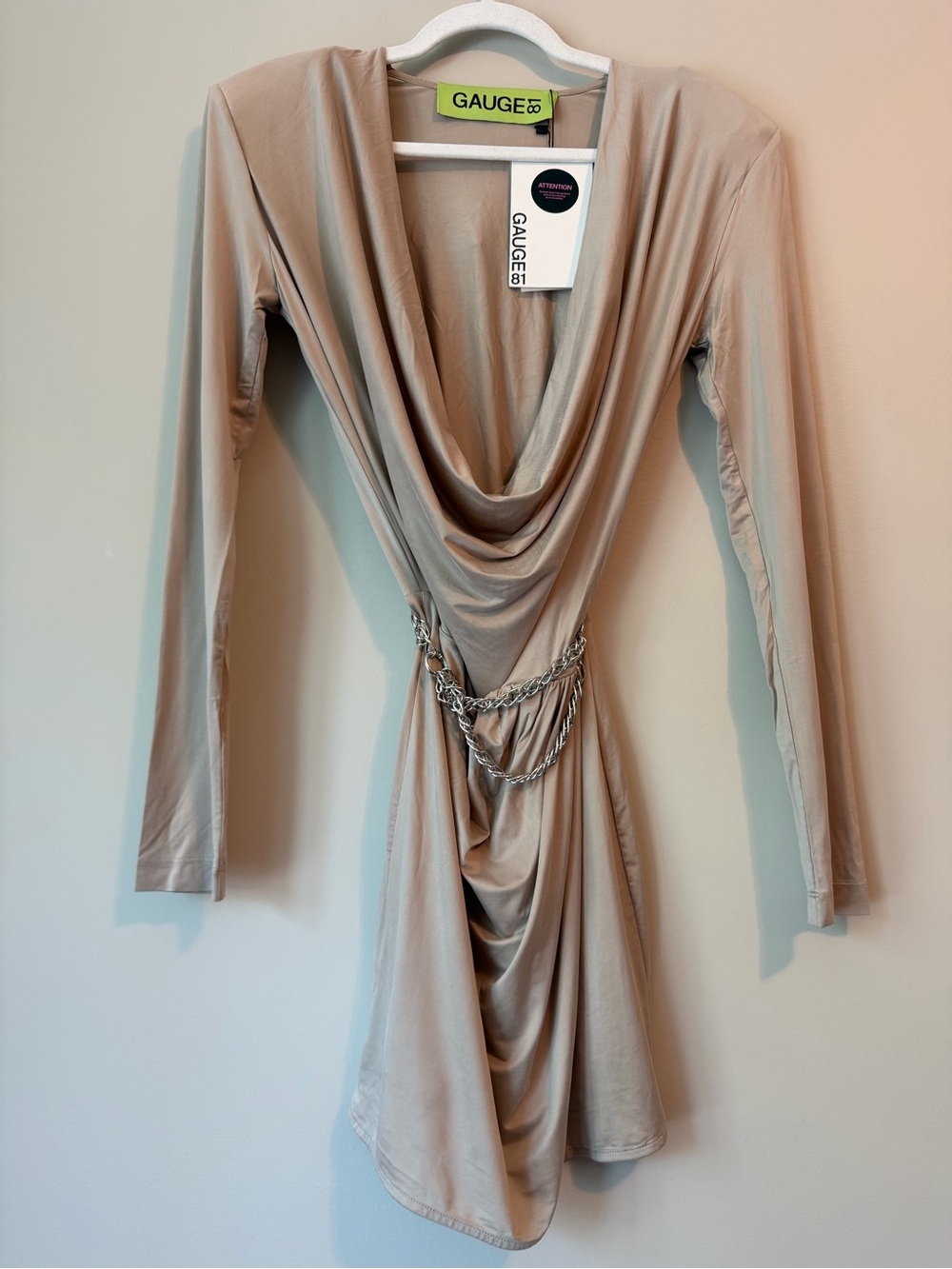 Gauge81 Taupe Draped Chain Detail Mini Dress Sz S NWT